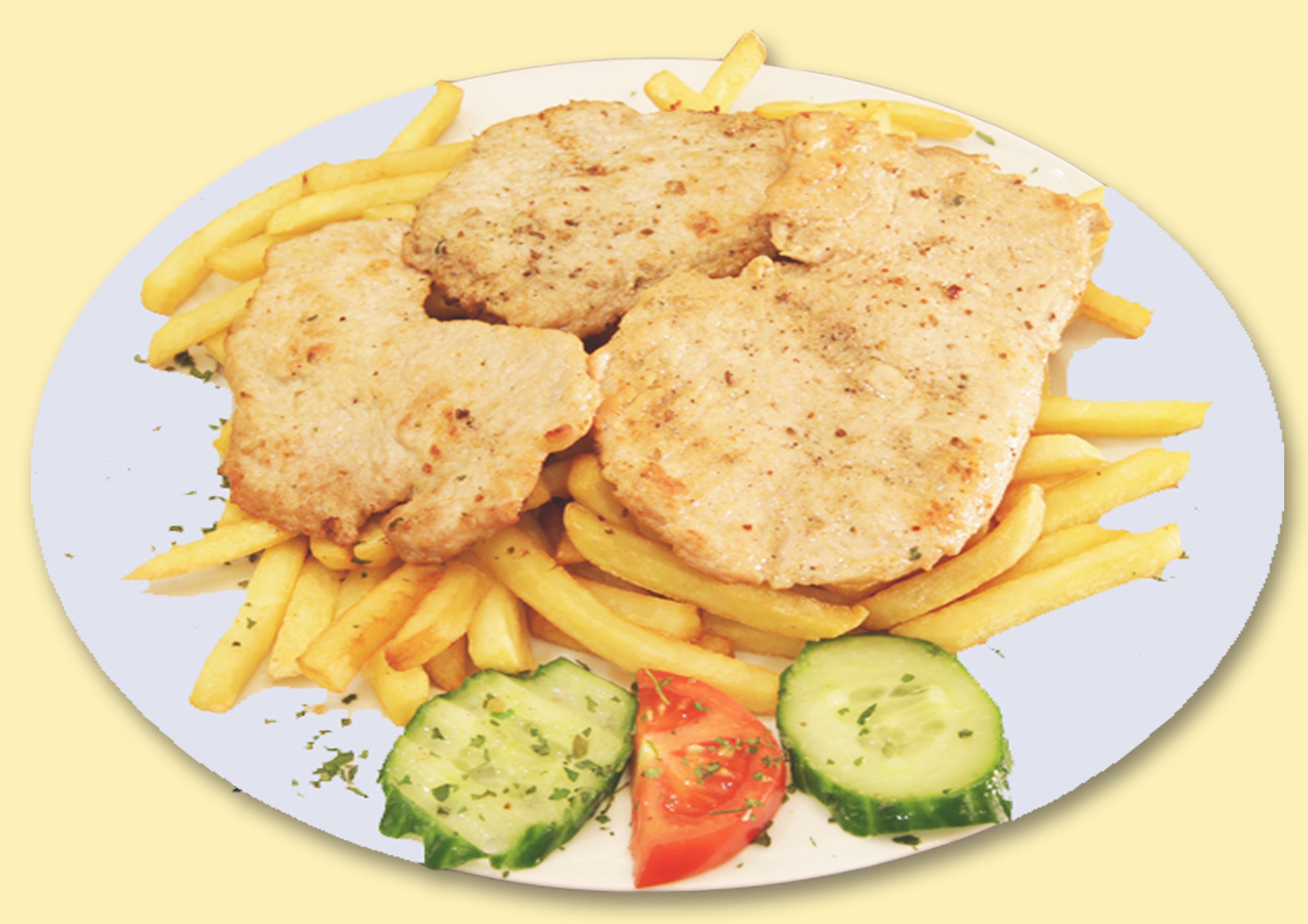 Serpenyőben sült, lédús natúr sertéskaraj hasábburgonyával.(A) - Gebratene, saftige Natur-Schweinelende mit Pommes frites. - Pan-fried, juicy natural pork loin with French fries.